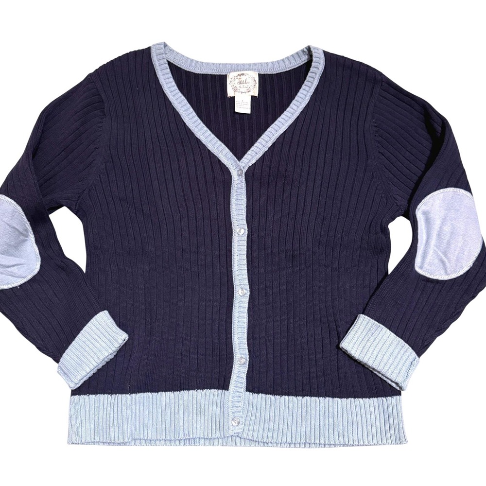 Stitches In Time Ribbed Cardigan‎ Navy Blue Light Trim Elbow Patches Cotton L